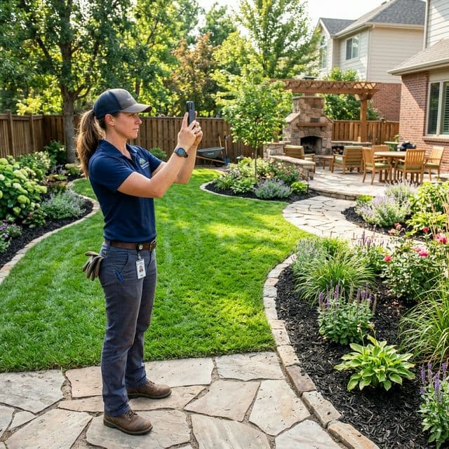 Landscaping technician documenting their work with FieldReel